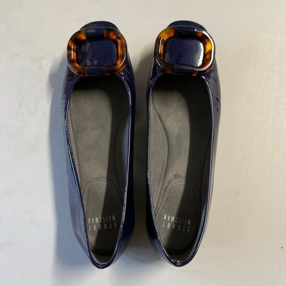 Stuart‎ Weitzman Navy Blue Patent Leather Tortoise Buckle Flats Shoes 6 M Spain